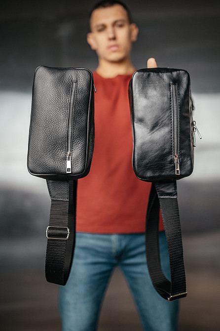 Чоловіча ламана, чоловікська сумка через плече з натуральної шкіри, вмістлена чорна сумка на поясMasterSem Київ - фото 4