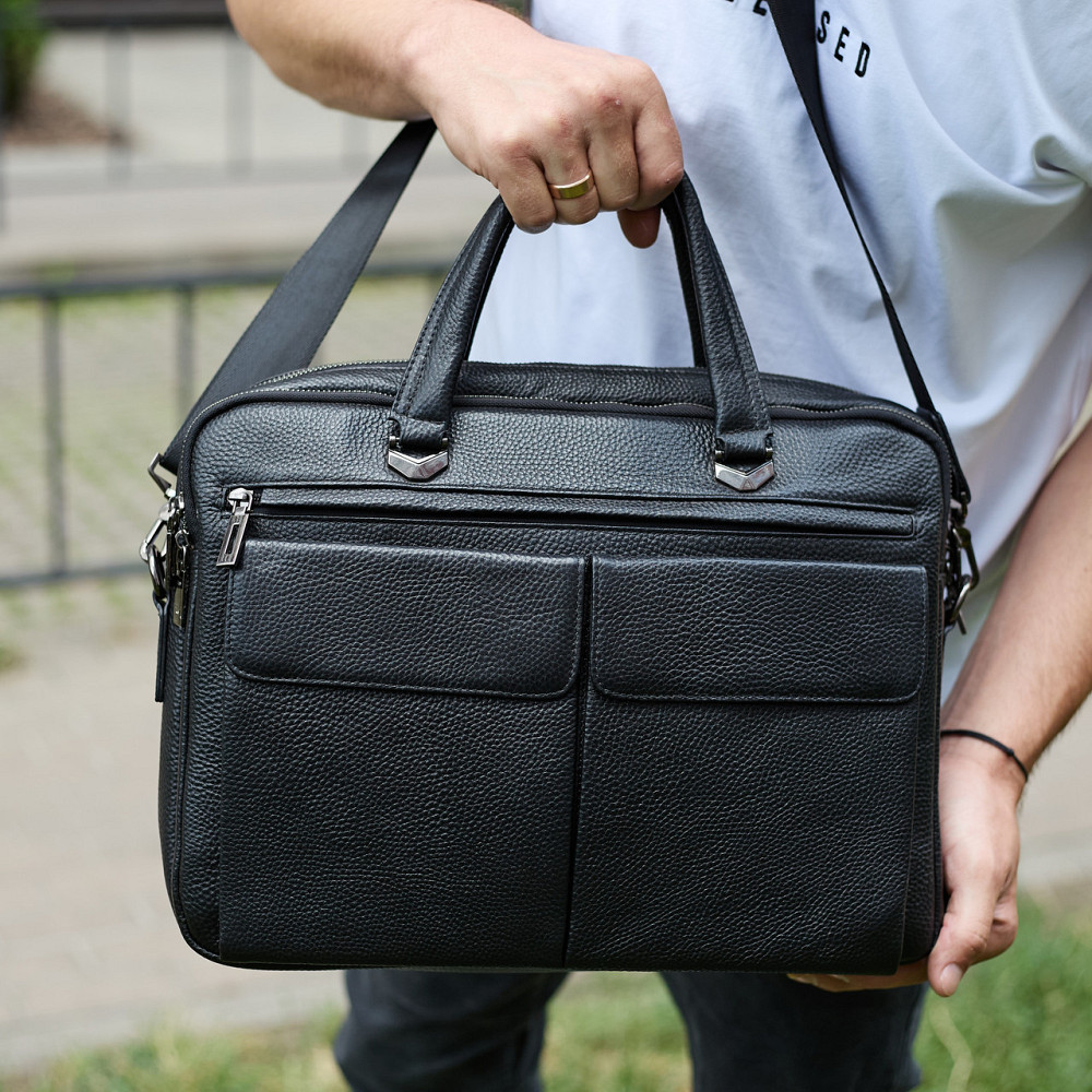 Сумка мужская офисная через плечо 39х29х10, практичный кожаный портфель для бизнеса, черный Каменское - изображение 2