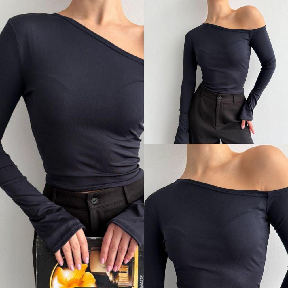 Женский стильный лонгслив с открытым плечом турецкий микродайвинг Графит, 42/44 Одесса - изображение 1