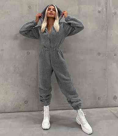 Жіночий теплий затишний комбінезон із капюшоном із хутра тедді Графіт, 46/48 Одеса