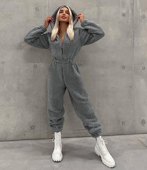 Жіночий теплий затишний комбінезон із капюшоном із хутра тедді Графіт, 46/48 Одеса - фото 1