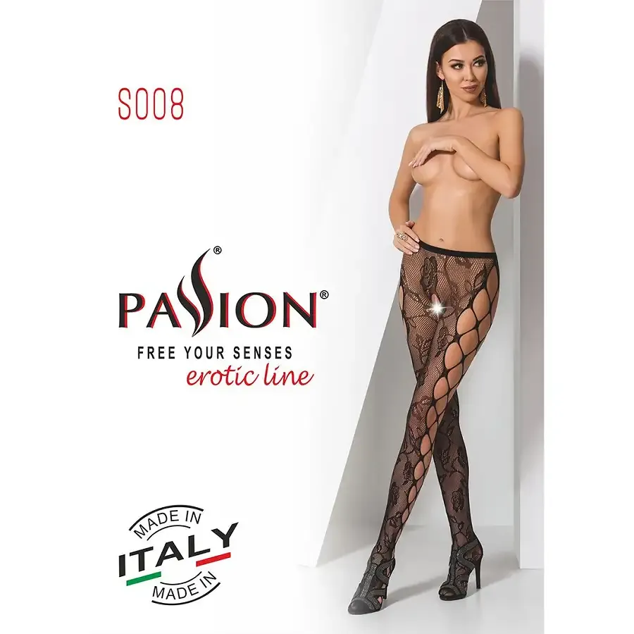 Еротичні колготки-бодістокінг Passion S008 black, ажурні колготки з вирізом та лампасами-сіткою Львов - изображение 7