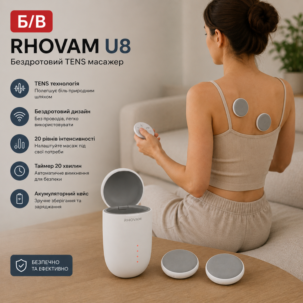 Б/В Портативний апарат ТеНС Rhovam Wireless TENS Massager U8 бездротовий міостимулятор для зняття болю, розслаблення м'язів, заряд Київ - фото 10