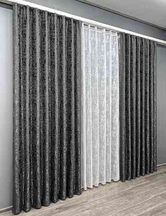 Комплект штор VR-Textil Льон Мармур 100х270 2шт і Тюль 400х270 1267ш-1400т Сіро-коричневий з білим 71-140/2 Київ