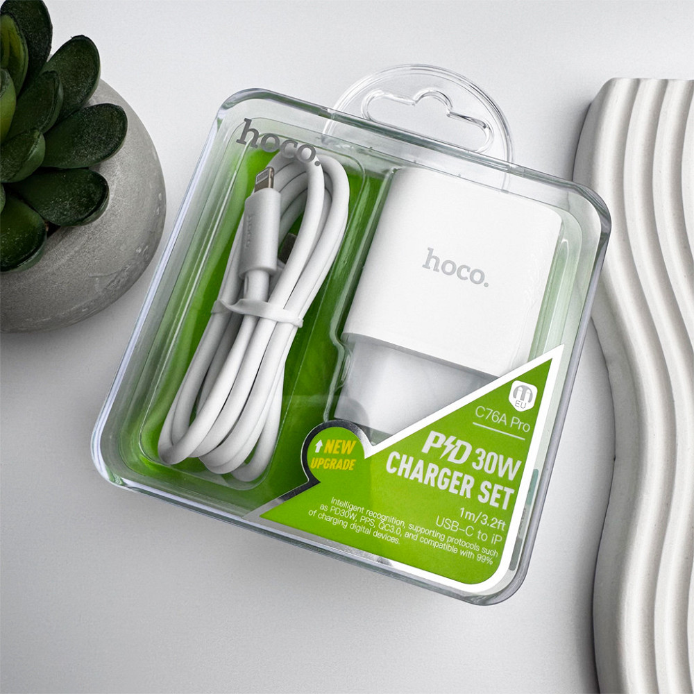 Мережевий зарядний пристрій з кабелем HOCO C76A Pro Majestic single port PD30W charger set (C to iP)(EU) White Одеса - фото 6