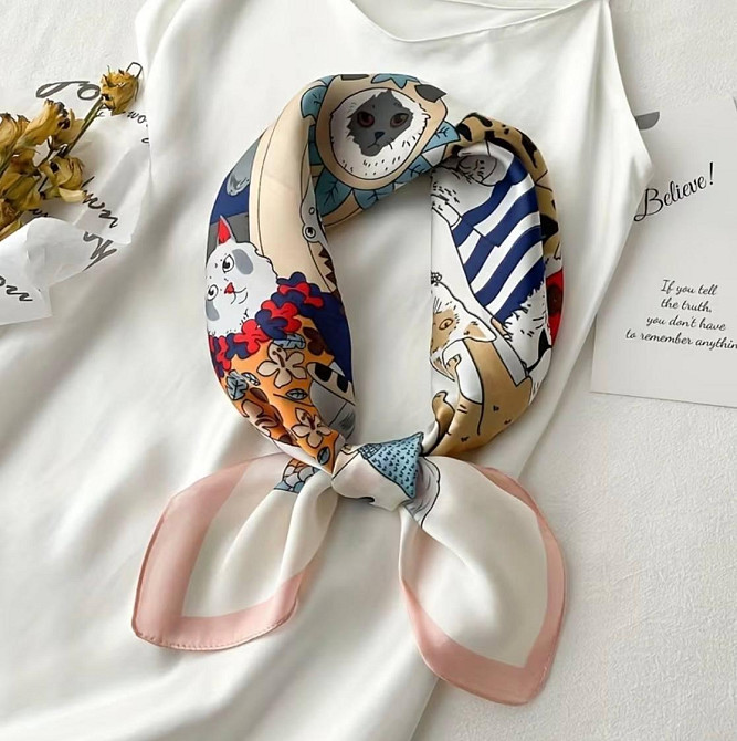 Женский платок на шею с принтом котов 70×70 см, квадратный шарф платок модный аксессуар Киев - изображение 1