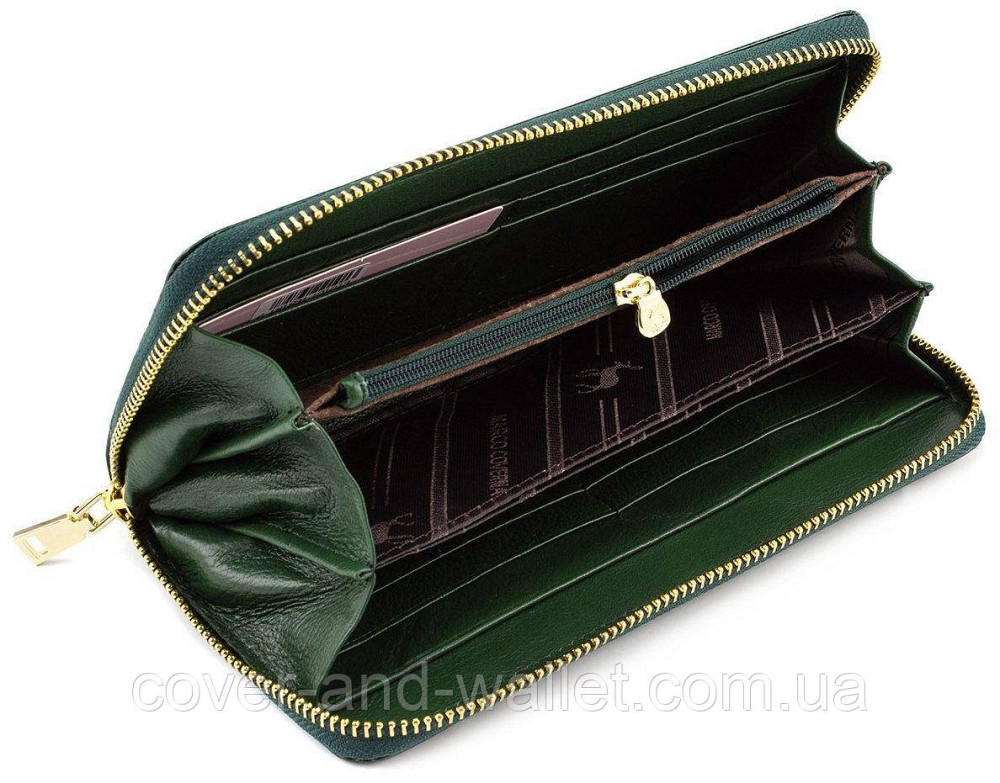 Большой женский кожаный лаковый кошелек на молнии зеленого цвета Marco Coverna Киев - изображение 6
