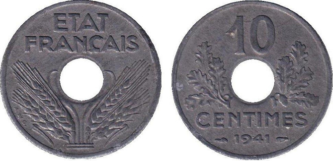Монета 10 сантимов Франция(Vichy French State) (1941-1943) Полтава - изображение 1