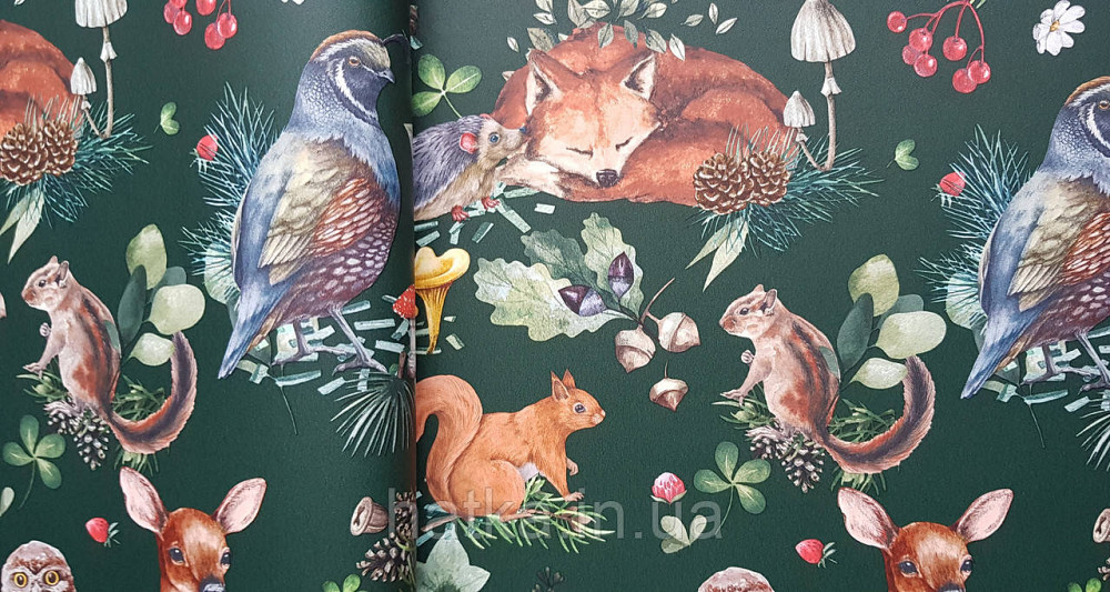 Шпалери флізелінові еко Rasch Kids World 0.53х10 дитячі косулі білки лисиці птиці шишки ягоди на зеленому Київ - фото 1