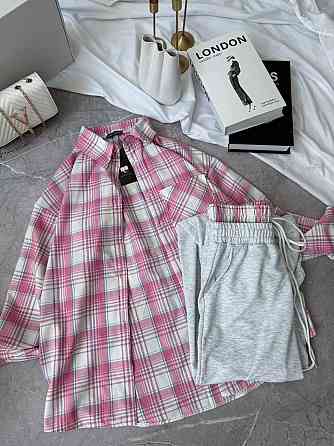 Женский повседневный костюм двойка: рубашка в клетку и штаны фланель + двунитка Розовый, 48/52 Одесса