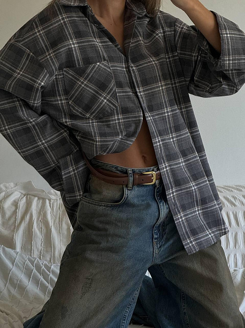 Жіноча трендова сорочка оверсайз у клітинку фланель Сірий Одеса - фото 1