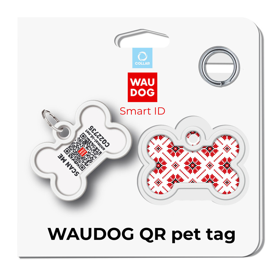 Адресник для собак і котів металевий WAUDOG Smart ID з QR-паспортом, малюнок "Вишиванка", кістка, Д 40 мм, Вінниця - фото 4