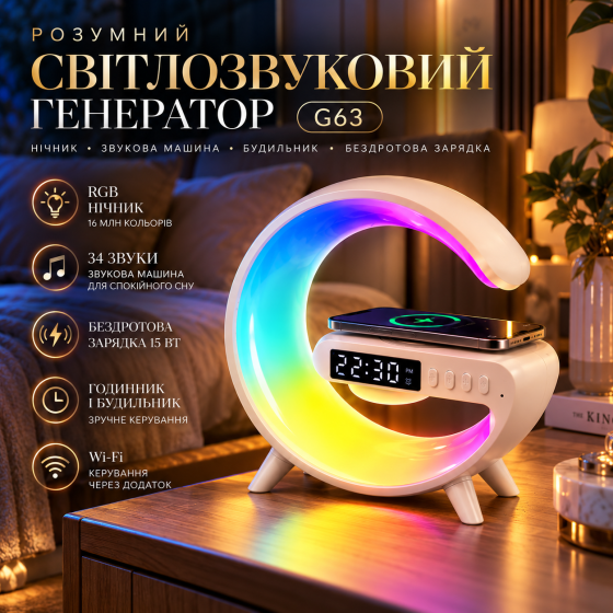Розумний світлозвуковий генератор G63, RGB-нічник, будильник, звукова машина, бездротова зарядка 15 Вт Київ