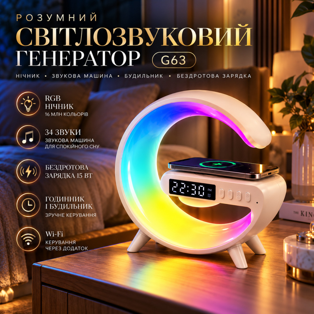 Розумний світлозвуковий генератор G63, RGB-нічник, будильник, звукова машина, бездротова зарядка 15 Вт Київ - фото 1