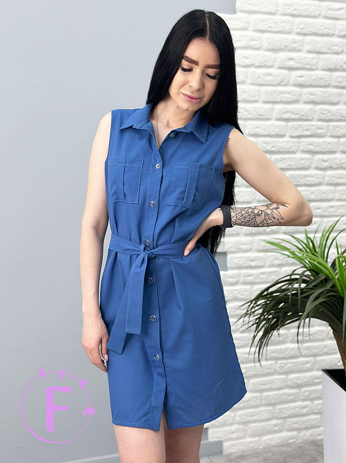 Лляна сукня-сорочка без рукавів "Journey" оптом | Розпродаж моделі Темний джинс, 42-44 Київ - фото 2