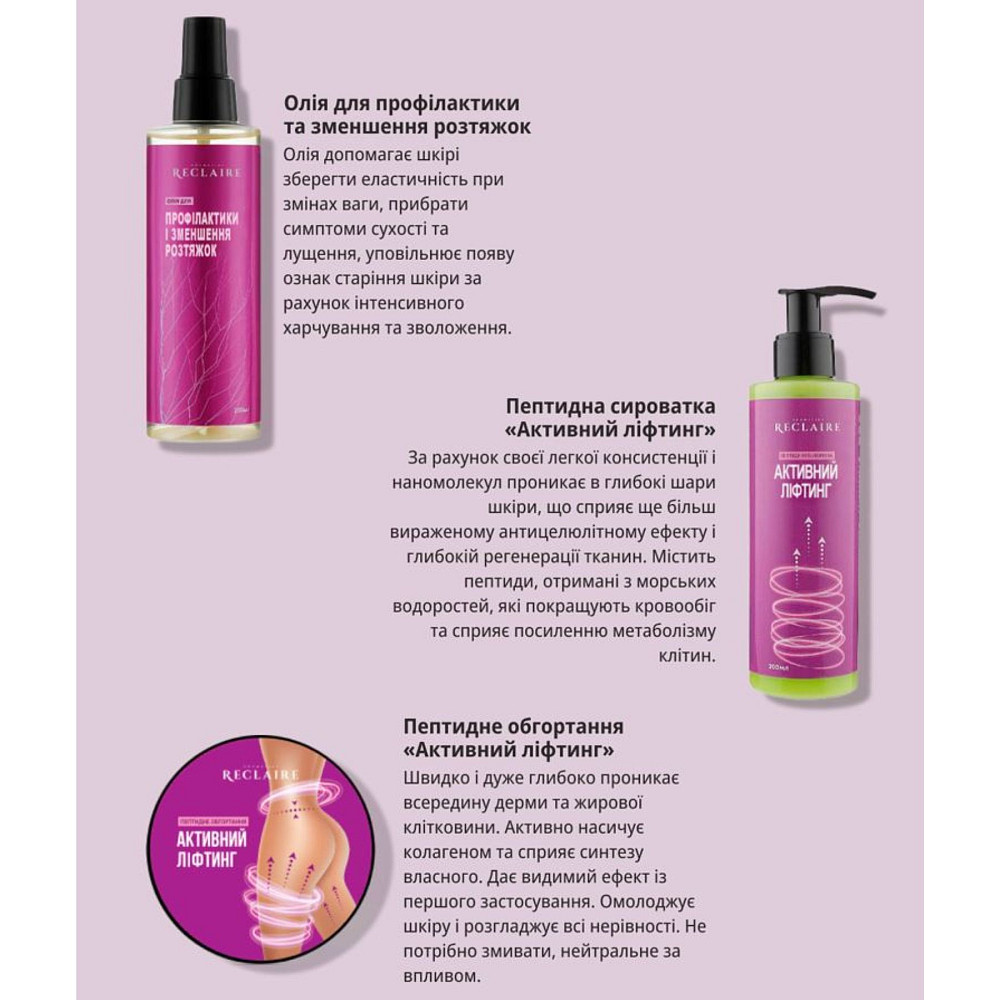 Тройной пептидный антицеллюлитный набор от растяжек Сыворотка+Обертывание+масло Reclaire cosmetics Киев - изображение 11