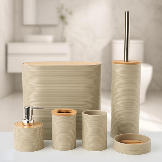 Набор аксессуаров 6в1 для ванной комнаты и душа, урна,дозатор для мыла, мыльница, стаканы,ёршик бежевый Каменец-Подольский