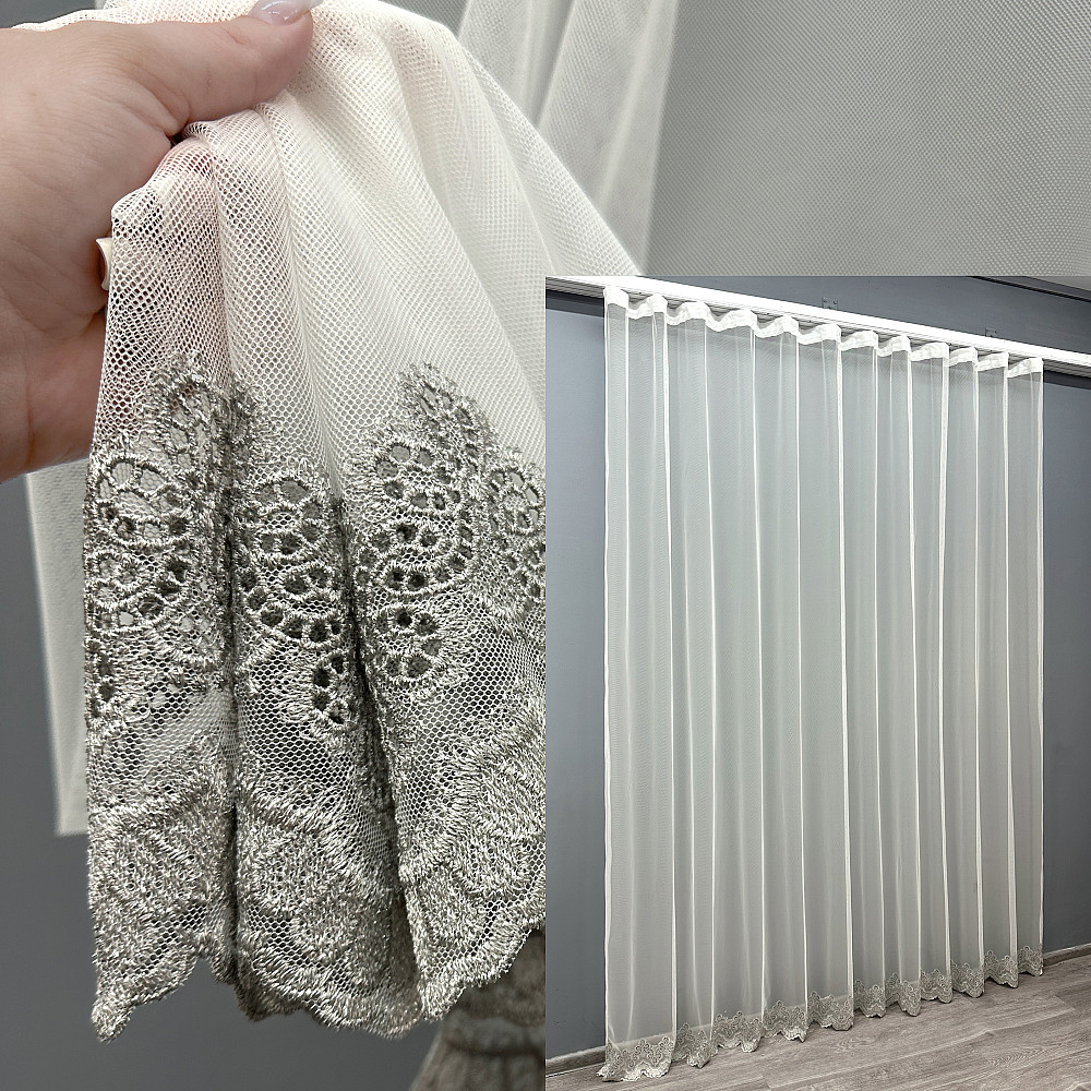 Тюль VR-Textil 1697т Грек-сетка с вышивкой Молочный с серым 300х270 см (42-0734) Киев - изображение 1