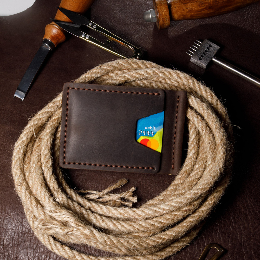 Затискач для грошей шкіряний чоловічий з відділеннями для карт, місткий гаманець ручної роботи, коричневийMasterSem Київ - фото 4