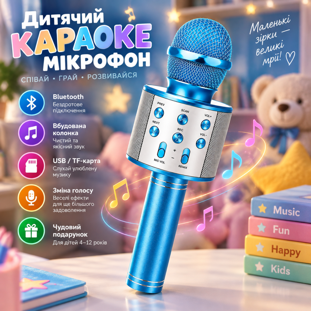 Дитячий караоке-мікрофон Bluetooth, бездротовий мікрофон-колонка для дітей 4–12 років, синій, USB, TF-карта Київ - фото 1