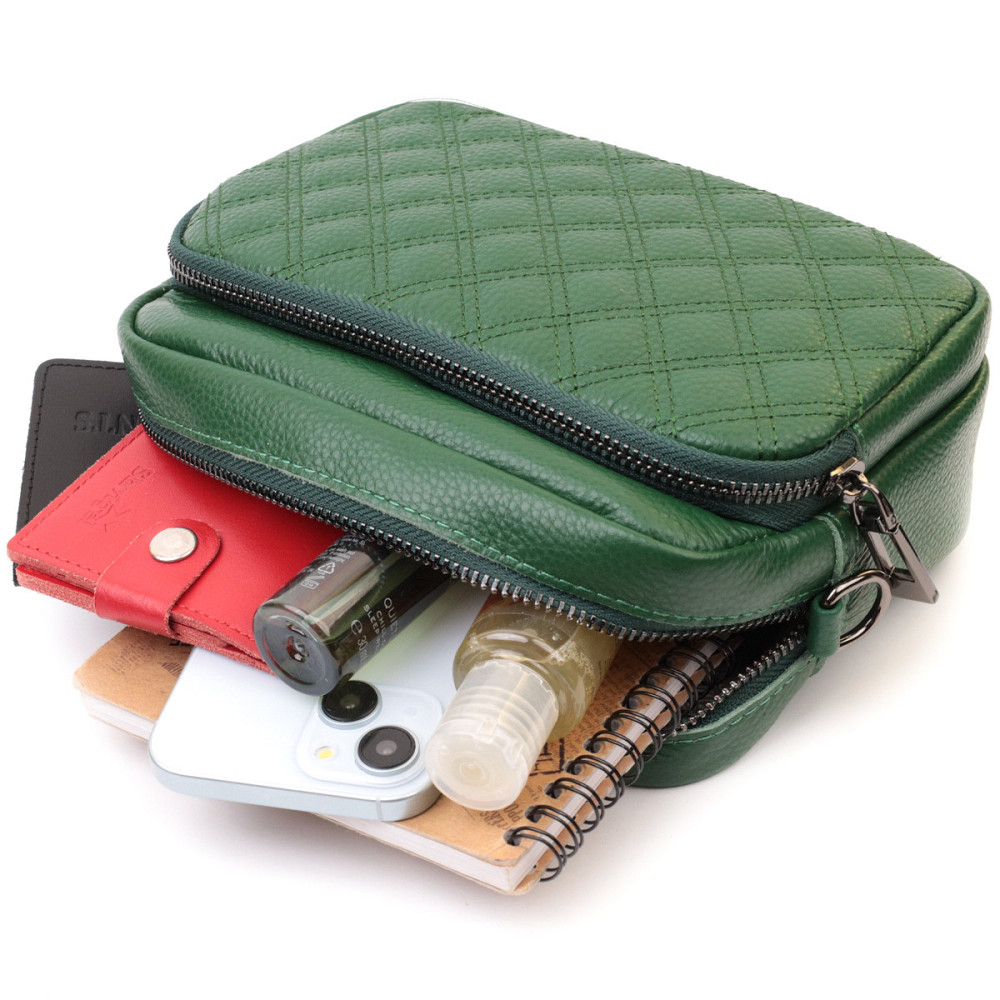 Небольшая женская сумка прошитая ромбами на лицевой стороне из натуральной кожи Vintage 22635 Зеленая Киев - изображение 10