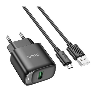 Мережевий зарядний пристрій Hoco C140A Smart single port QC3.0 charger set(Micro)(EU) Black (6942007627801) Київ - фото 1