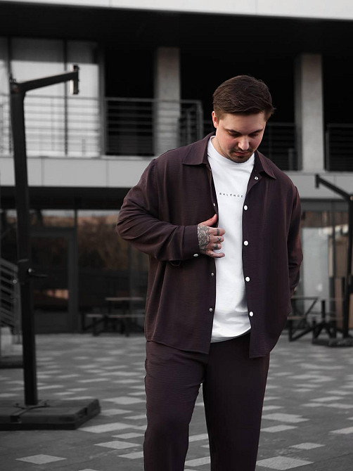 Чоловічий літній костюм Casual сорочка та штани Оверсайз жатка весна літо SANE шоколад XL Одеса - фото 7