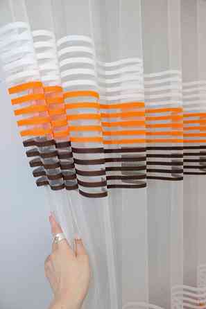 Тюль фатин полоси, колекція "Терція" колір молочний з помаранчевим та венге 1307т Київ