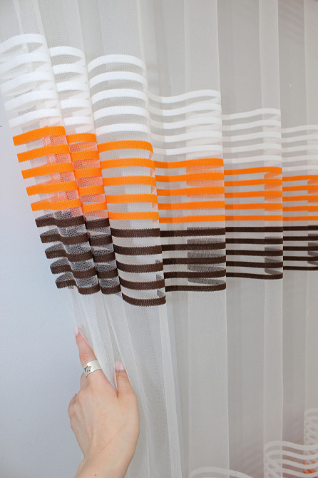 Тюль фатин полоси, колекція "Терція" колір молочний з помаранчевим та венге 1307т Київ - фото 2