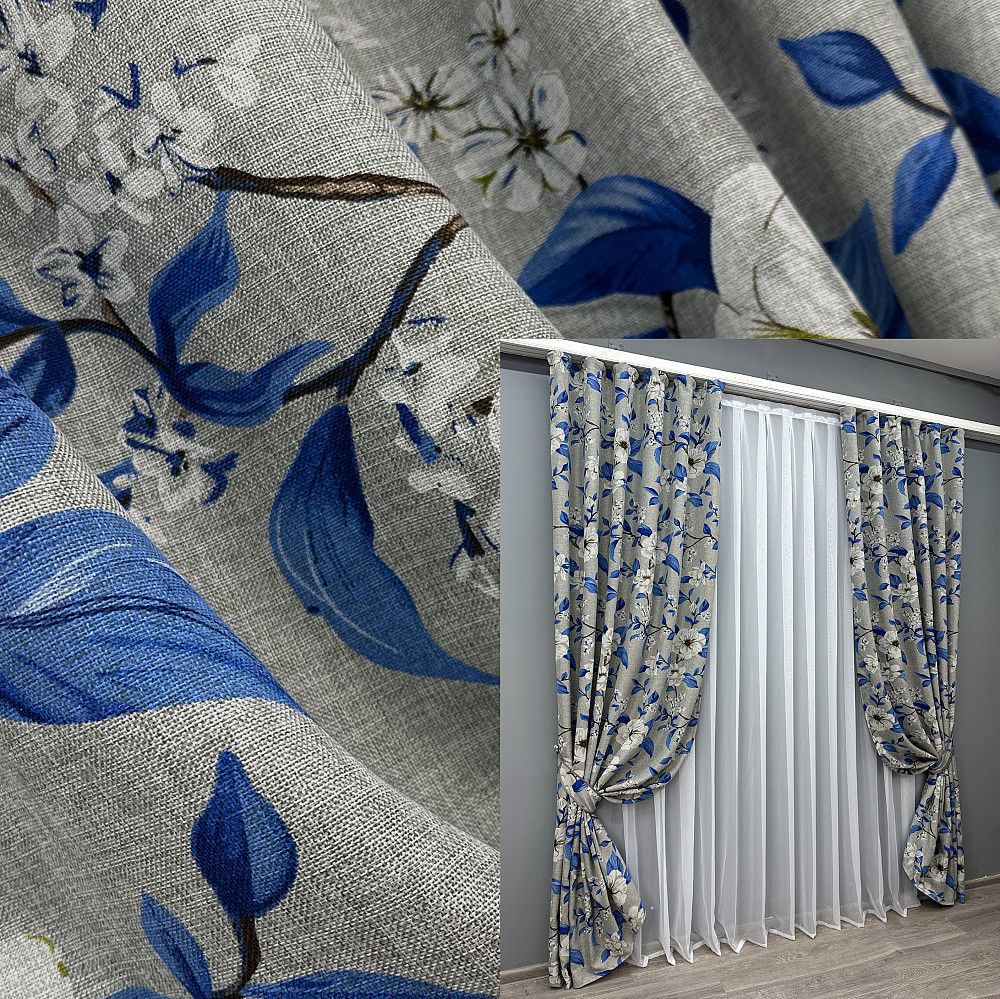 Комплект готових штор VR-Textil Льон з квітковим принтом "Прованс" № 1725ш Світло-сірий з синім 150х265 см 2 шт (33-0635) Київ - фото 1