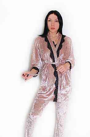 Женский домашний костюм майка+ штаны с халатиком из мраморного велюра Бежевый M Харьков