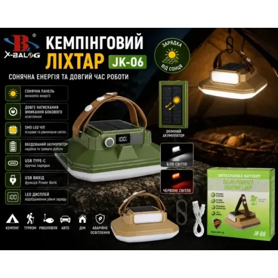 Кемпінговий ліхтар на сонячній батареї JK-06 USB Type-C / Акумуляторна світлодіодна лампа-нічник з функцією Power Bank Одеса