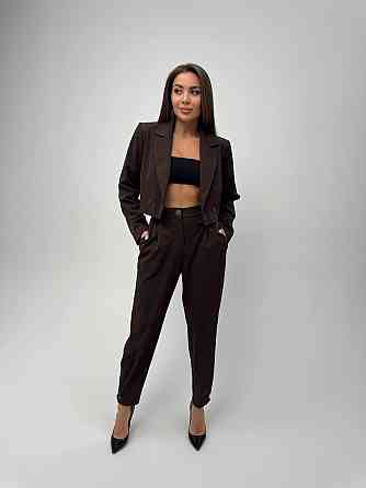 Женский базовый брючный костюм: укороченный пиджак и брюки креп-костюмка + подкладка Шоколадный, 46/48 Одесса