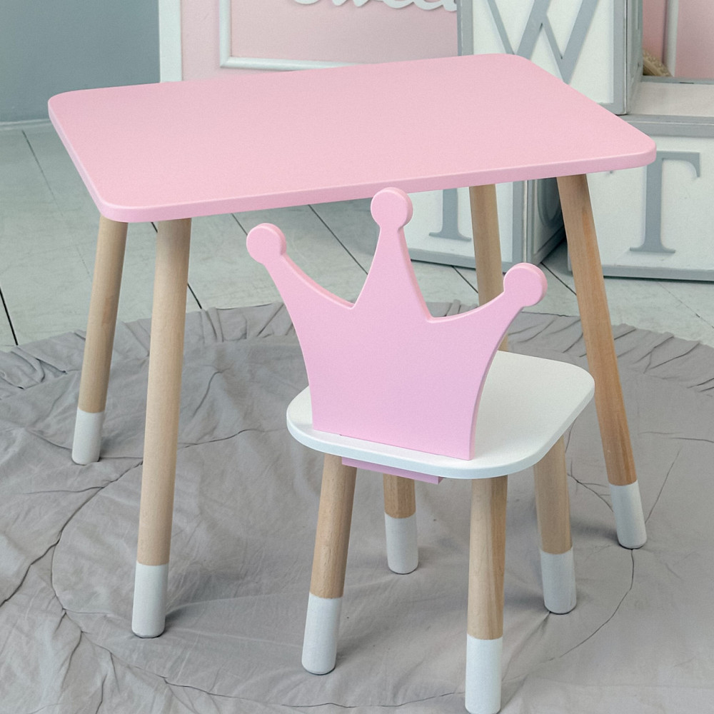 Стіл прямокутний 46х60х45 і стілець корона 26х26х24, столик та стільчик для дівчинки до 7 років, рожевий білим Київ - фото 1
