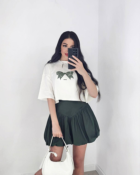 Женский летний романтичный костюм двойка: футболка и юбка турецкий кулир + коттон Хаки, 42/44 Одесса - изображение 1