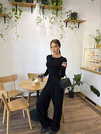 Женский базовый прогулочный костюм двойка: лонгслив и штаны турецкая вискоза Черный, 48/50 Одесса