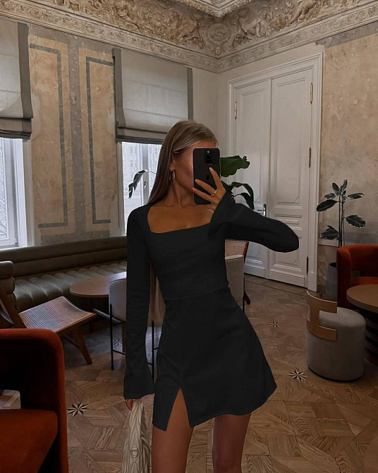 Женское базовое мини платье с рукавом креп дайвинг Черный, 42/44 Одесса - изображение 1