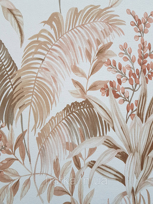 Шпалери вінілові на флізеліні Rasch Florentine 1.06х10 листя гілки папороті банана коричневі беж на білому Київ - фото 1