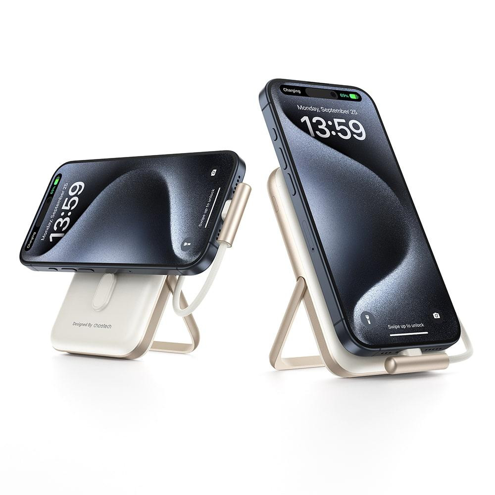 Повербанк 10000mAh Choetech B735 White QC3.0 PD3.0 бездротова магнітна зарядка, вбудований кабель, підставка (43-00150) Київ - фото 4