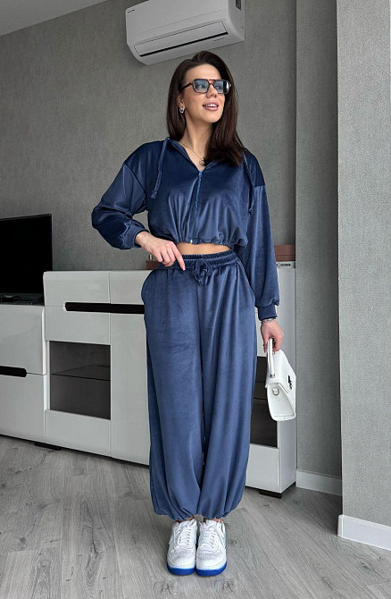 Жіночий стильний костюм з турецького королівського велюру Синій, 42/44 Одеса - фото 1