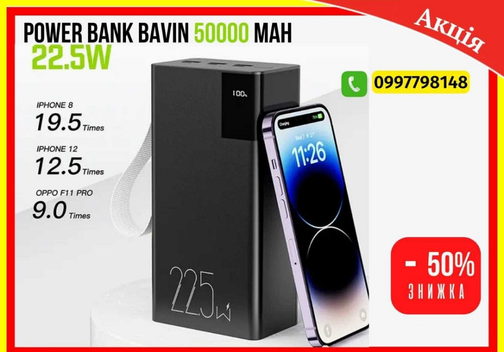 АКЦІЯ! Повербанк Bavin 50000 mah 22.5W павербанк ОПТ ДРОП‼️ Киев - изображение 8