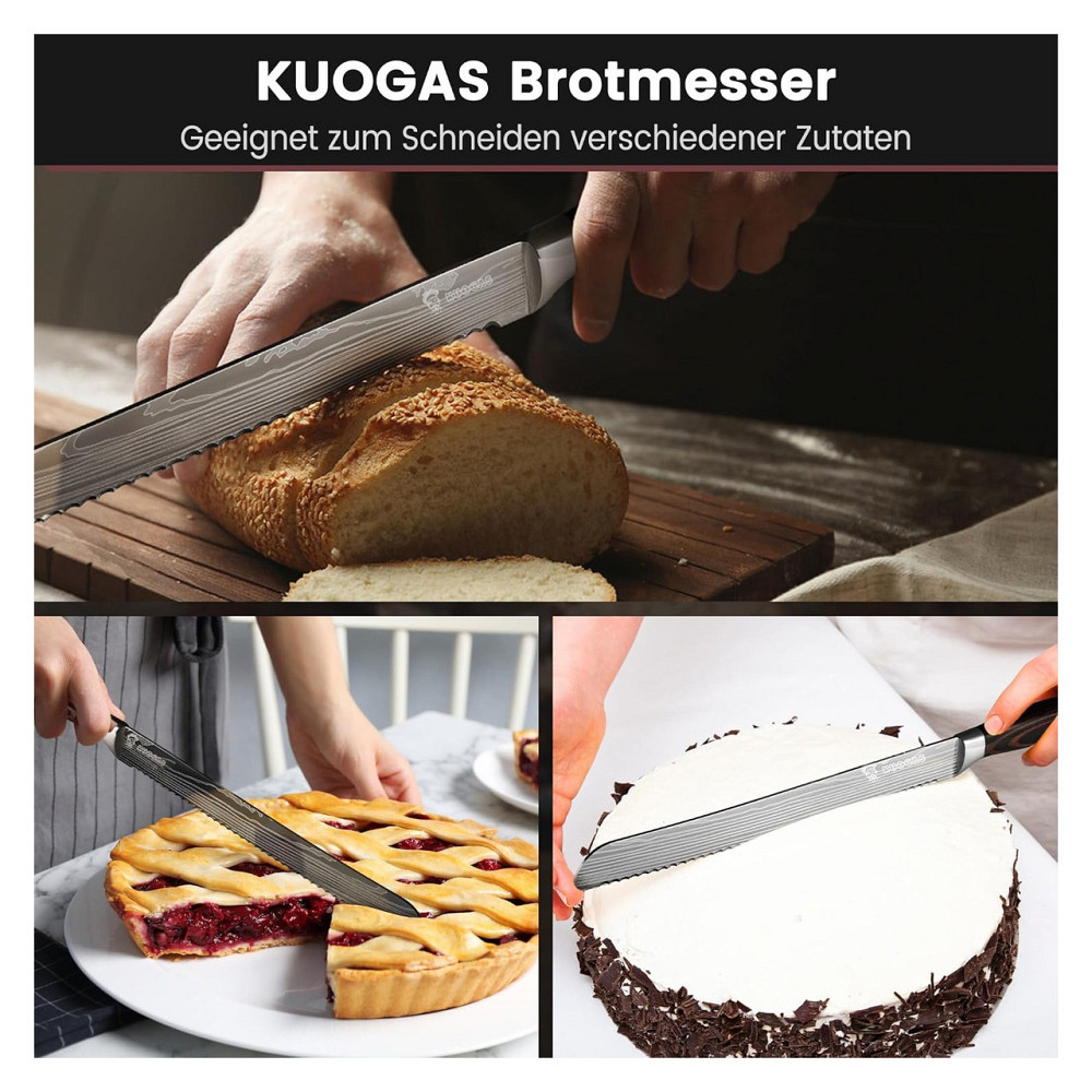 Нож для хлеба KUOGAS 26 см чёрный зубчатый сталь ручка Pakka Wood Киев - изображение 2