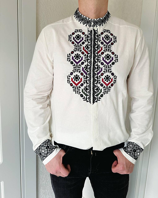 Мужская вышиванка в традиционном украинском стиле с геометрическим орнаментом домотканый лен 48 Одесса - изображение 1