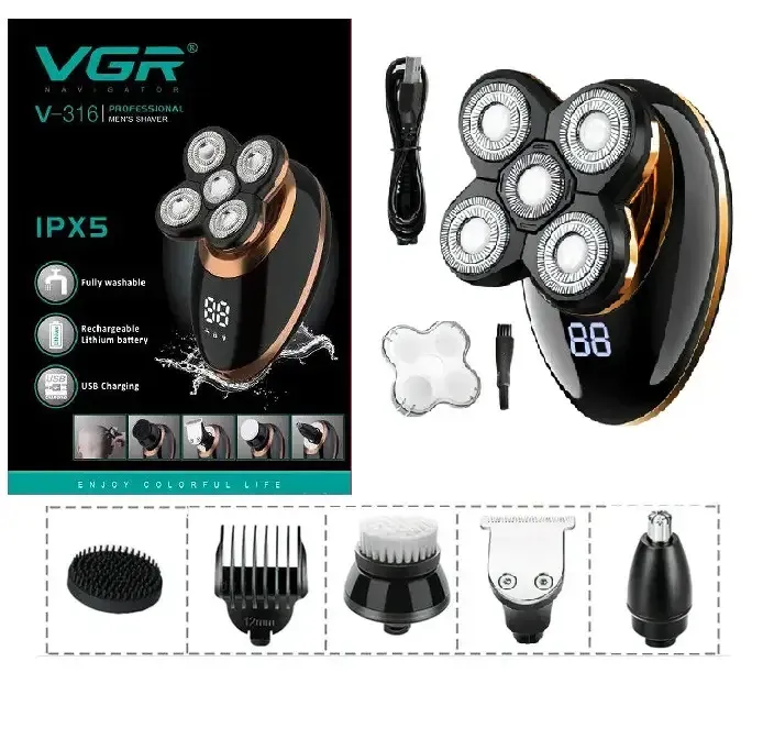 Аккумуляторный триммер для бороды VGR V-316 5в1, насадки, влагозащита IPX5, дисплей Одесса - изображение 11