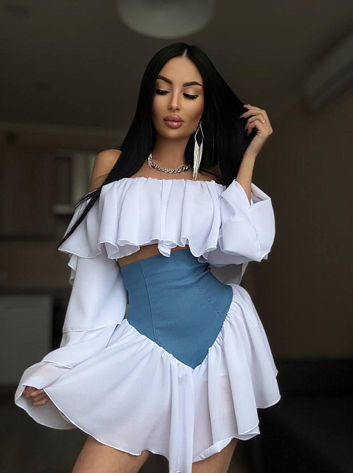 Женский романтичный костюм двойка: многослойная блуза и шорты-юбка креп шифон + джинс бенгалин Одесса - изображение 1