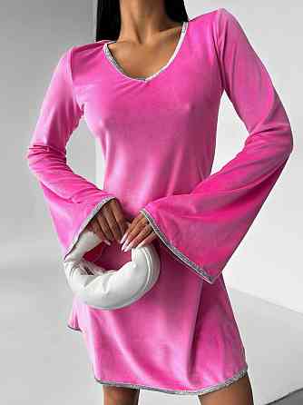 Стильное женское платье  с v-вырезом турецкий велюр Розовый, 42/44 Одесса