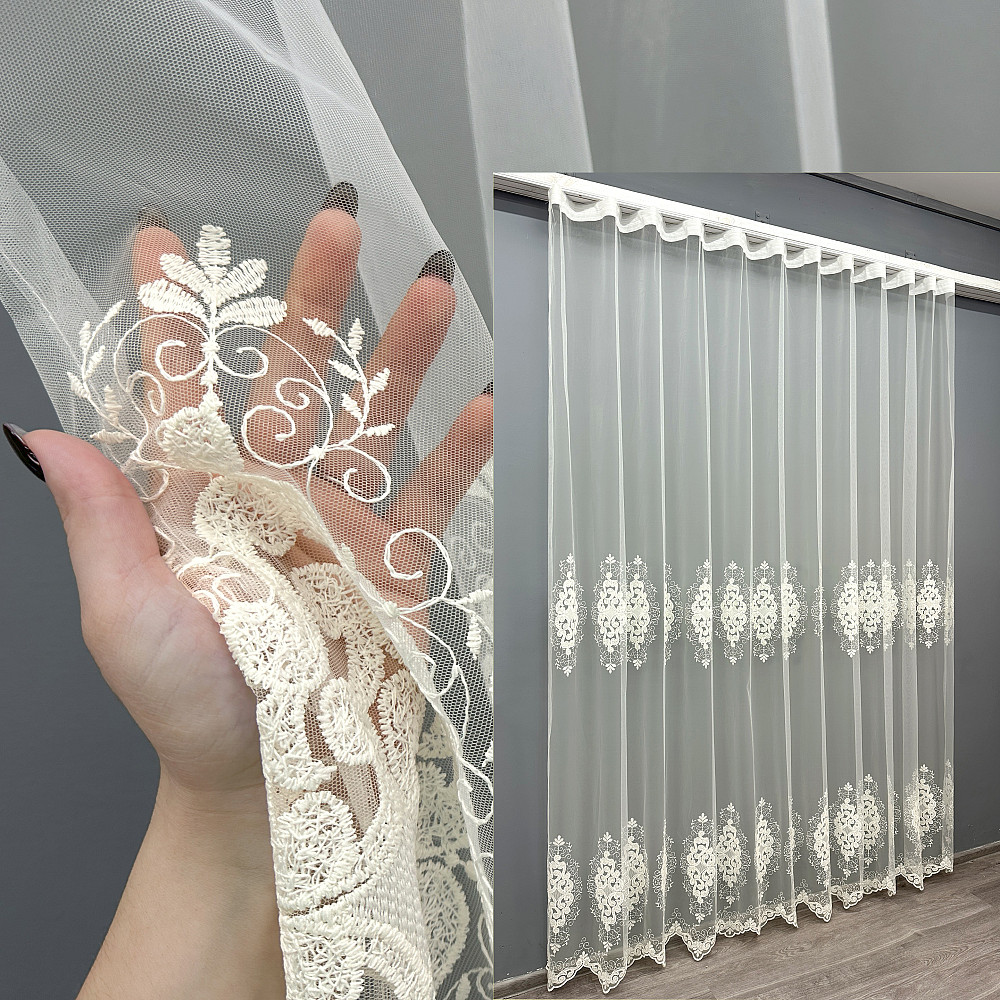 Тюль VR-Textil 1843т Фатин с вышивкой Молочный 300х270 см (40-211) Киев - изображение 1