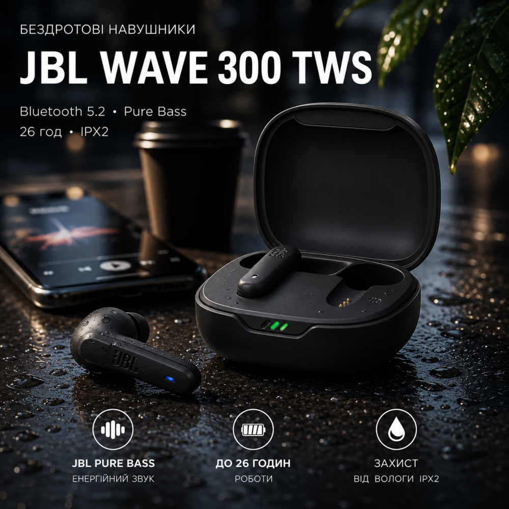 Бездротові навушники JBL Wave 300 TWS Black Вкладиші Bluetooth навушники з Pure Bass сенсорні Чорні Київ - фото 17