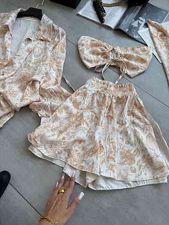 Жіночий літній принтований костюм четверка: хустка, кроп-топ, сорочка та шорти штапель/софт Беж Одеса