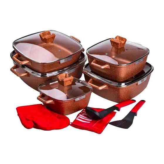 MGC Набір з 5 алюмінієвих квадратних каструль з товстим дном MGC + лопатка, ополоник, рукавички Київ